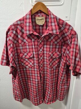 Wrangler Mens Red Plaid Western Snap Button Short Sleeve Shirt 2XL Cotton Blend